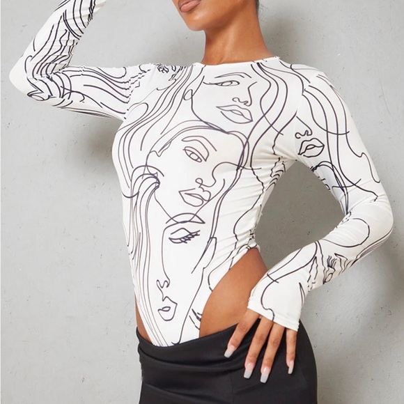 PrettyLittleThing Tops - Pretty Little Thing White Slinky Abstract Face Print Bodysuit
